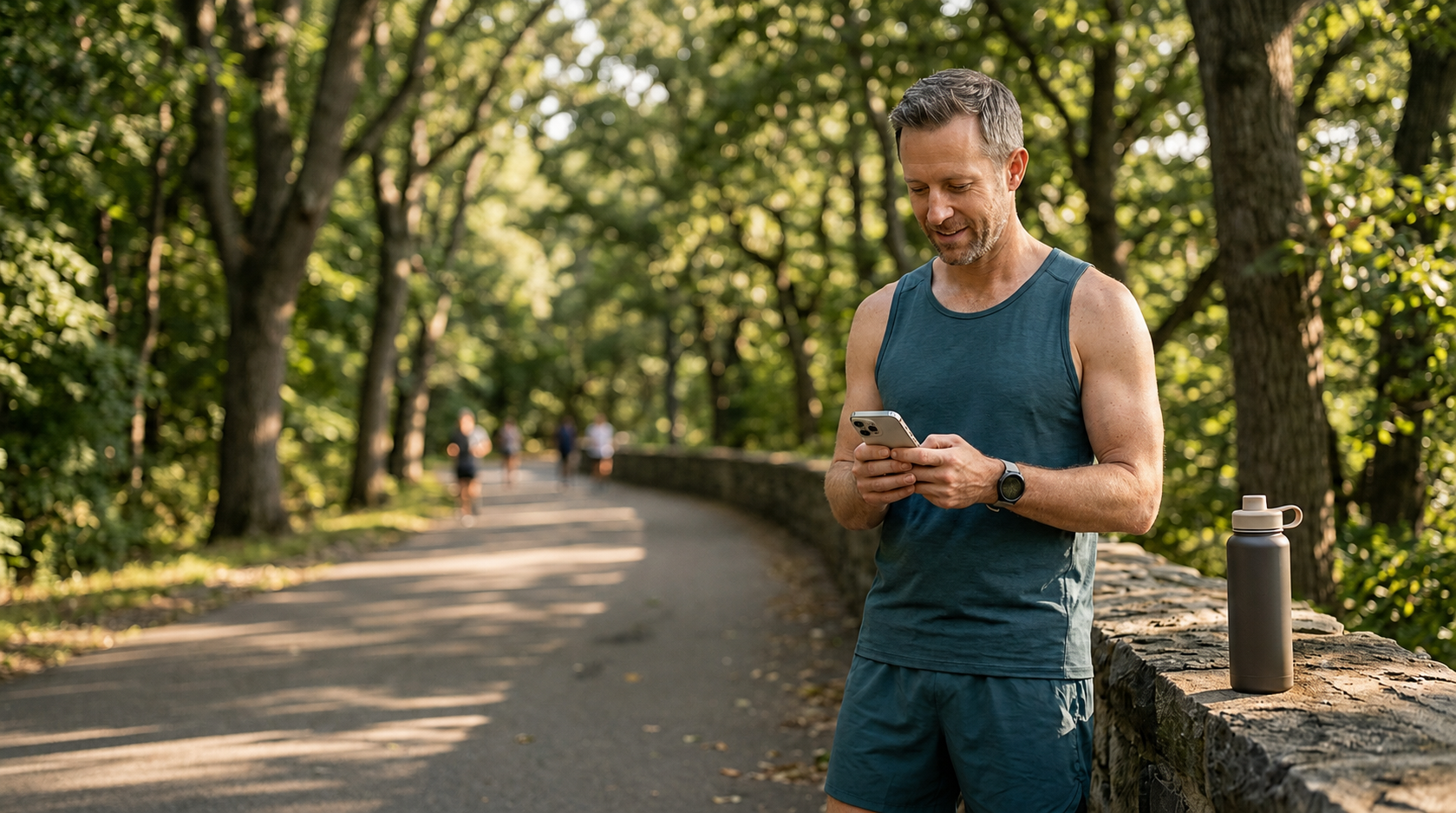 Active person over forty checking their intermittent fasting and keto progress on the MydailyLab app after a workout.